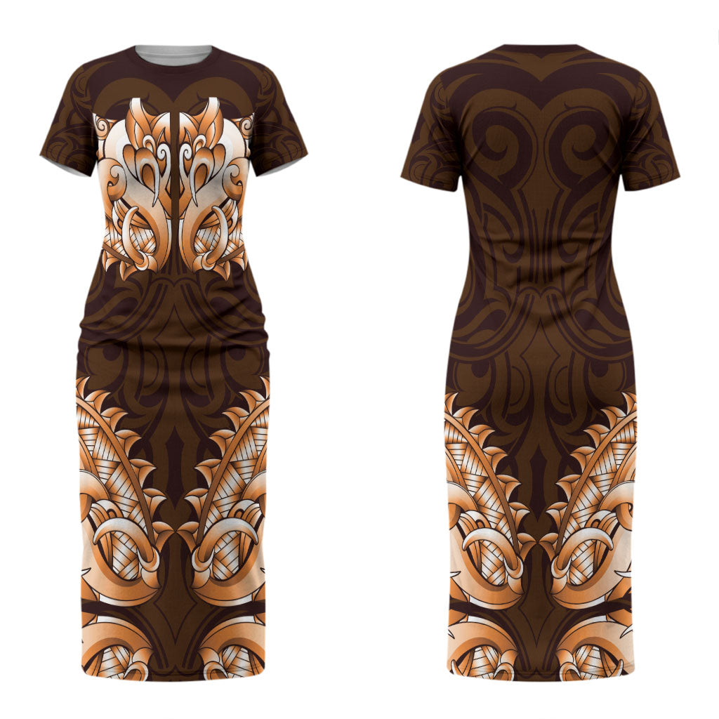 New Zealand Ta Moko Family Matching Short Sleeve Bodycon Dress and Hawaiian Shirt Aotearoa Maori Chest Tattoo Orange LT14 Mom's Dress Orange - Polynesian Pride