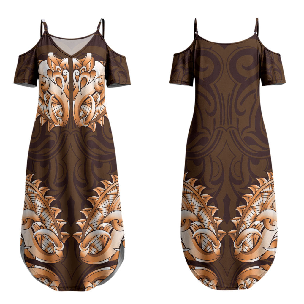 New Zealand Ta Moko Family Matching Summer Maxi Dress and Hawaiian Shirt Aotearoa Maori Chest Tattoo Orange LT14 Mom's Dress Orange - Polynesian Pride