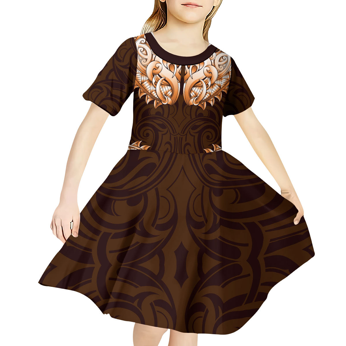 New Zealand Ta Moko Kid Short Sleeve Dress Aotearoa Maori Chest Tattoo Orange LT14 - Polynesian Pride