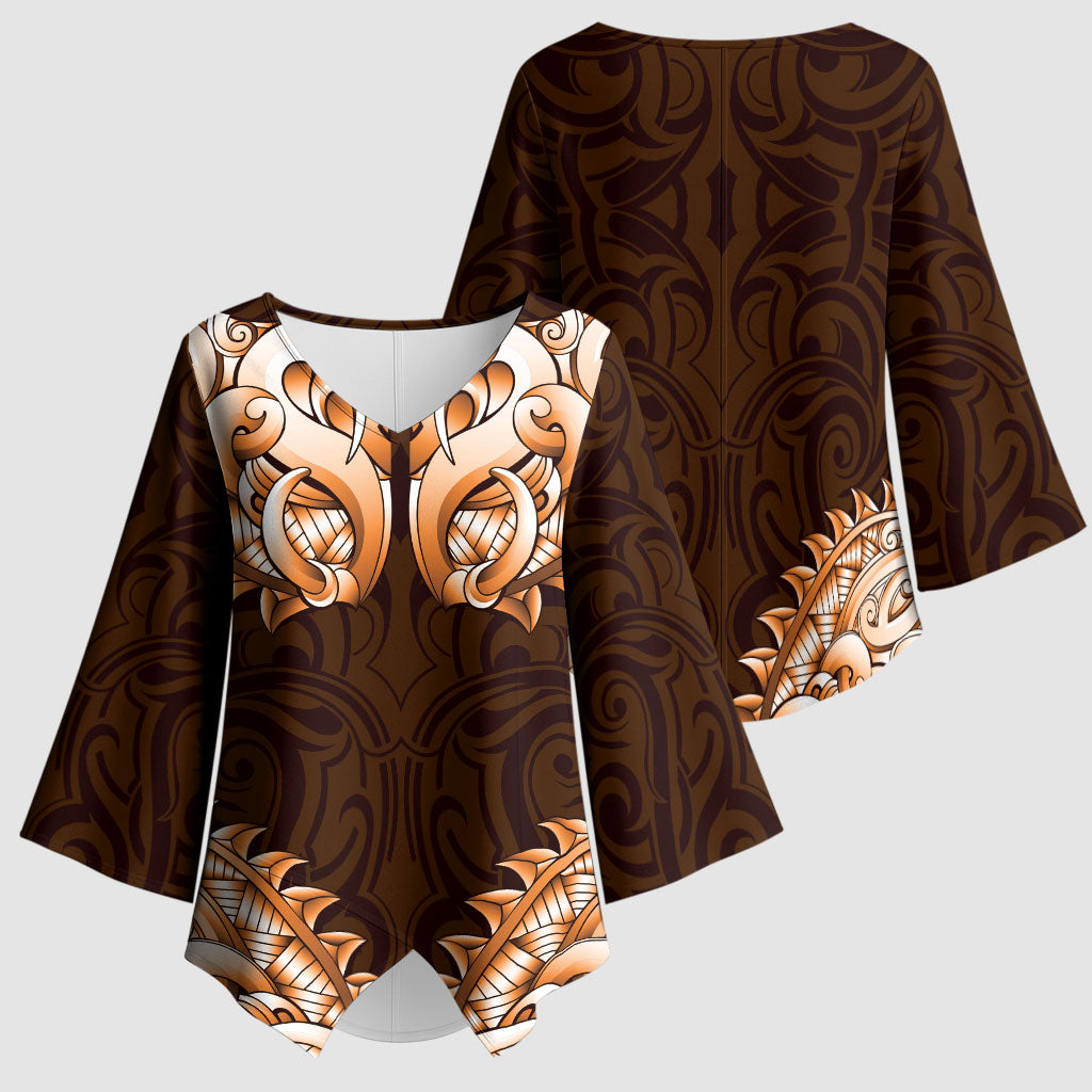 New Zealand Ta Moko Kimono Sleeve Blouse Aotearoa Maori Chest Tattoo Orange LT14 - Polynesian Pride