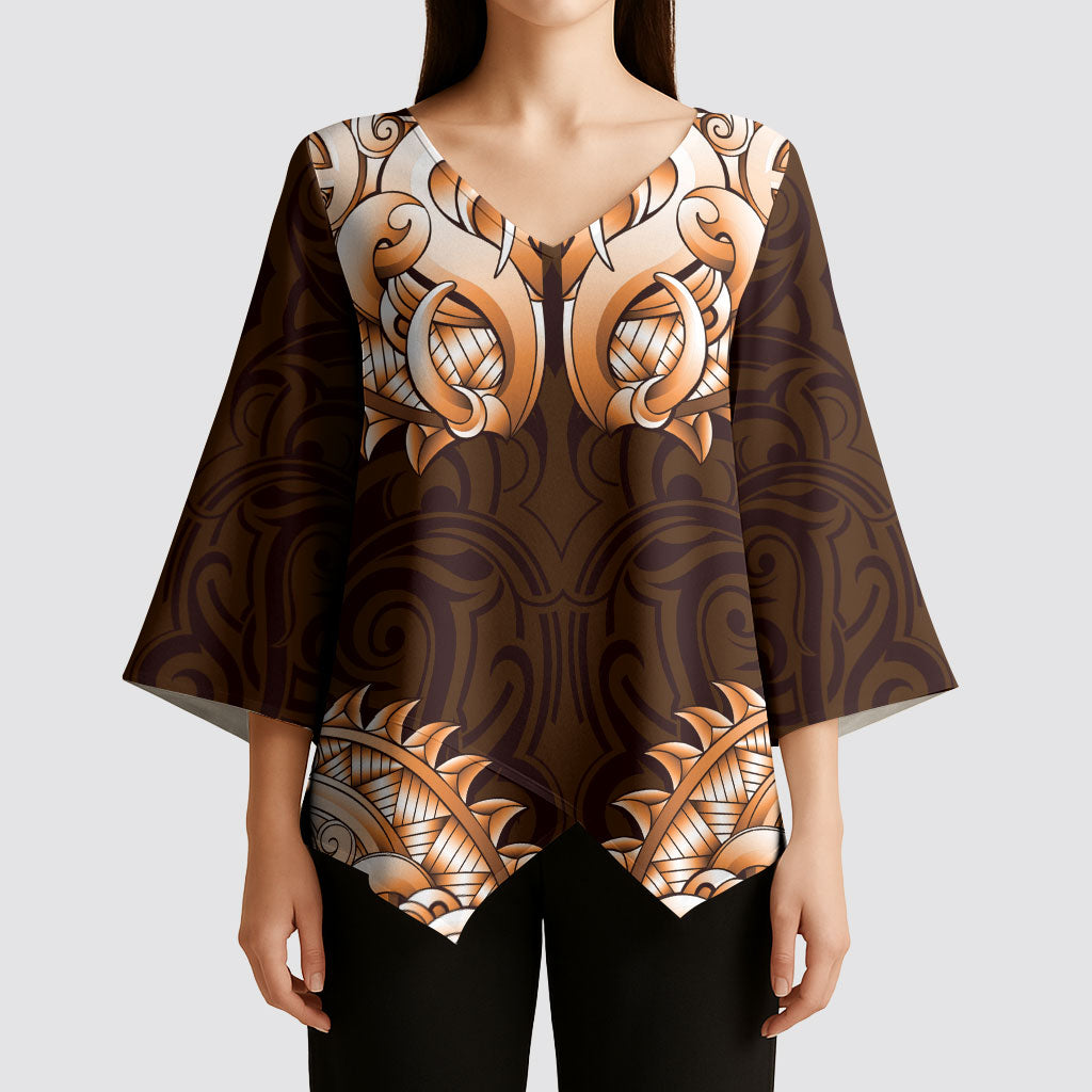 New Zealand Ta Moko Kimono Sleeve Blouse Aotearoa Maori Chest Tattoo Orange LT14 - Polynesian Pride