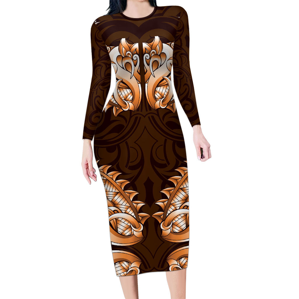 New Zealand Ta Moko Long Sleeve Bodycon Dress Aotearoa Maori Chest Tattoo Orange LT14 Long Dress Orange - Polynesian Pride