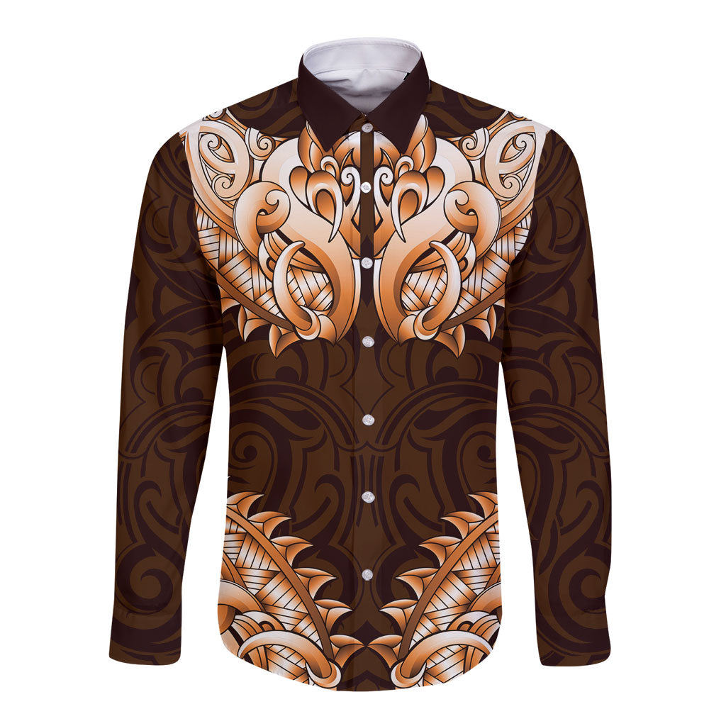 New Zealand Ta Moko Long Sleeve Button Shirt Aotearoa Maori Chest Tattoo Orange LT14 Unisex Orange - Polynesian Pride