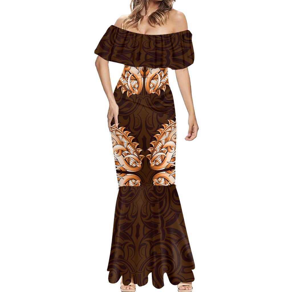 New Zealand Ta Moko Mermaid Dress Aotearoa Maori Chest Tattoo Orange LT14 - Polynesian Pride