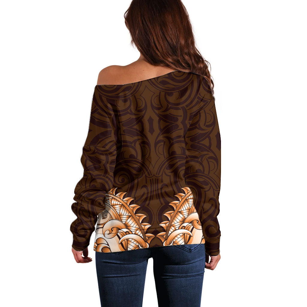 New Zealand Ta Moko Off Shoulder Sweater Aotearoa Maori Chest Tattoo Orange LT14 - Polynesian Pride
