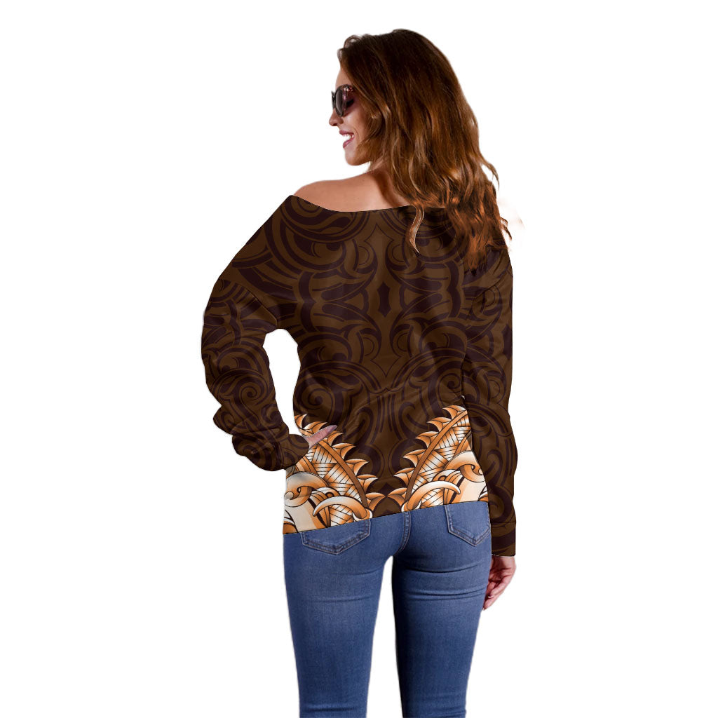 New Zealand Ta Moko Off Shoulder Sweater Aotearoa Maori Chest Tattoo Orange LT14 - Polynesian Pride