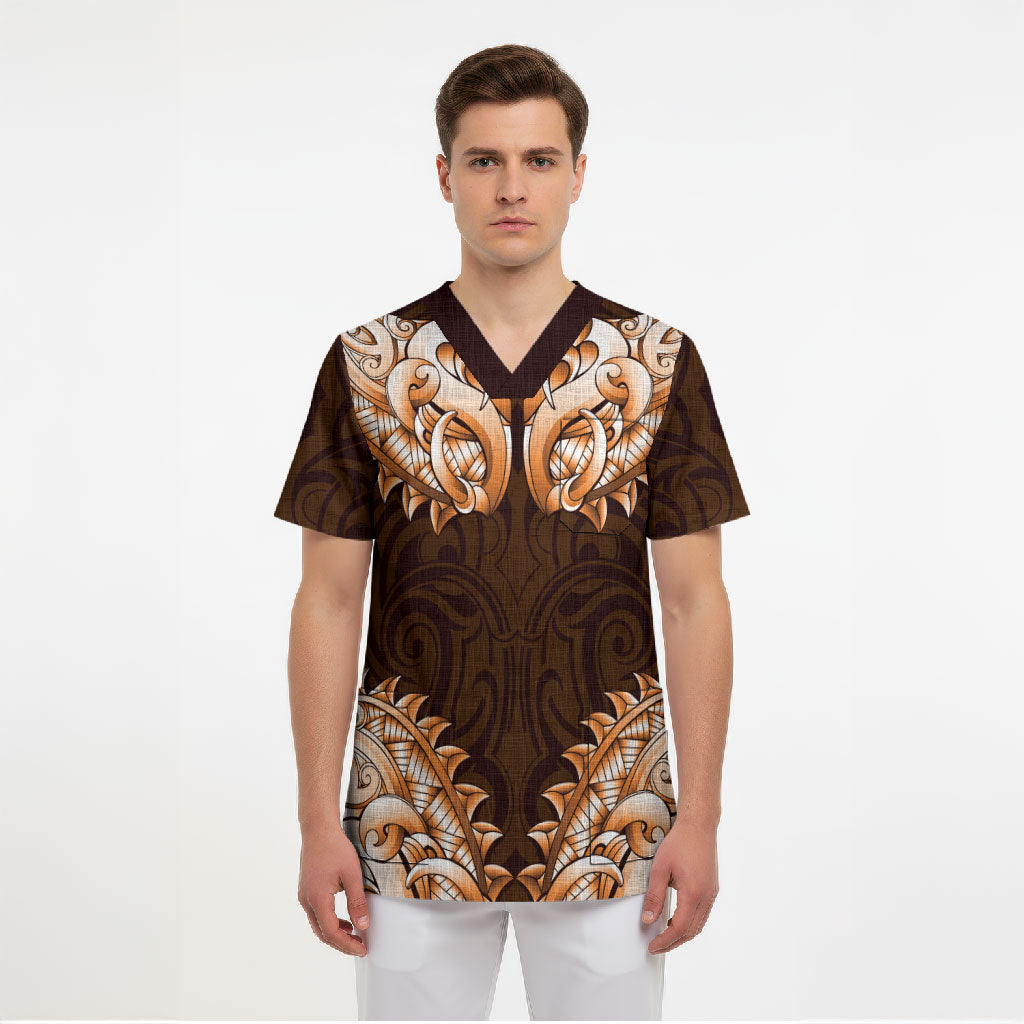 New Zealand Ta Moko Scrub Top Aotearoa Maori Chest Tattoo Orange LT14 - Polynesian Pride