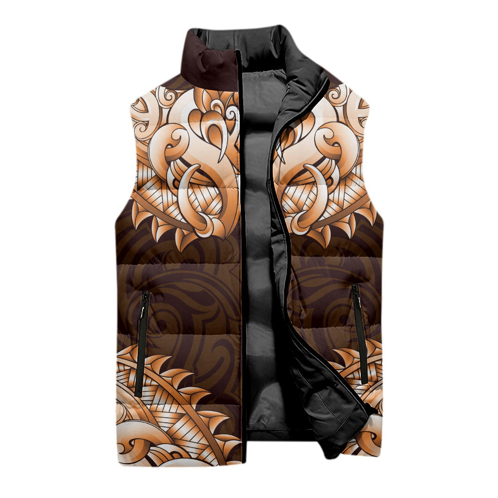 New Zealand Ta Moko Sleeveless Puffer Jacket Aotearoa Maori Chest Tattoo Orange LT14 - Polynesian Pride
