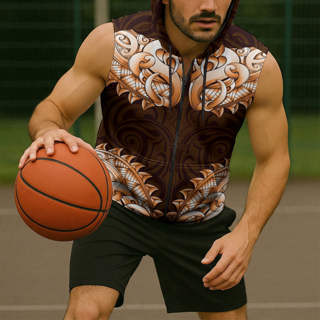 New Zealand Ta Moko Sleeveless Zip Hoodie Aotearoa Maori Chest Tattoo Orange LT14 - Polynesian Pride