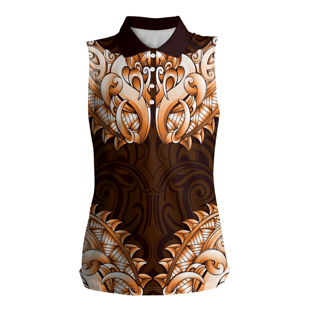 New Zealand Ta Moko Women Sleeveless Polo Shirt Aotearoa Maori Chest Tattoo Orange LT14 Female Orange - Polynesian Pride