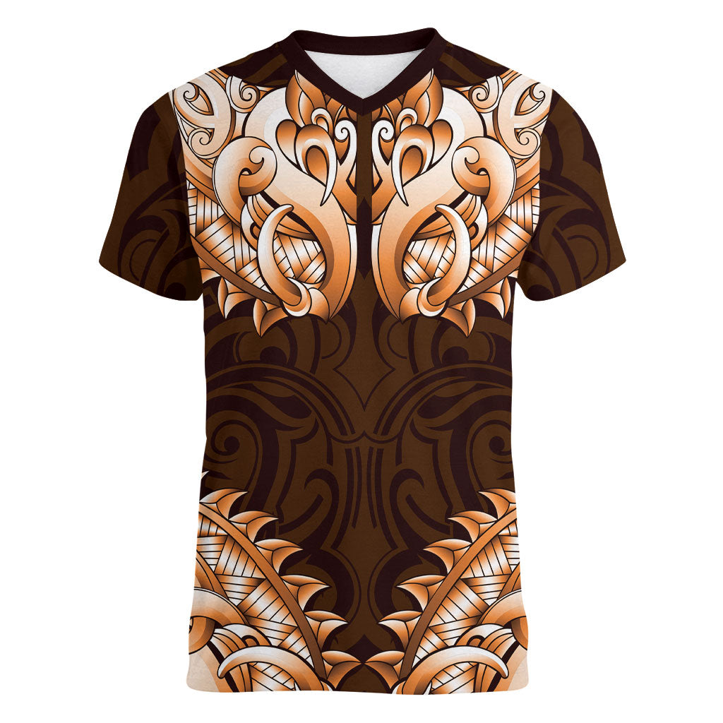 New Zealand Ta Moko Women V-Neck T-Shirt Aotearoa Maori Chest Tattoo Orange LT14 Female Orange - Polynesian Pride