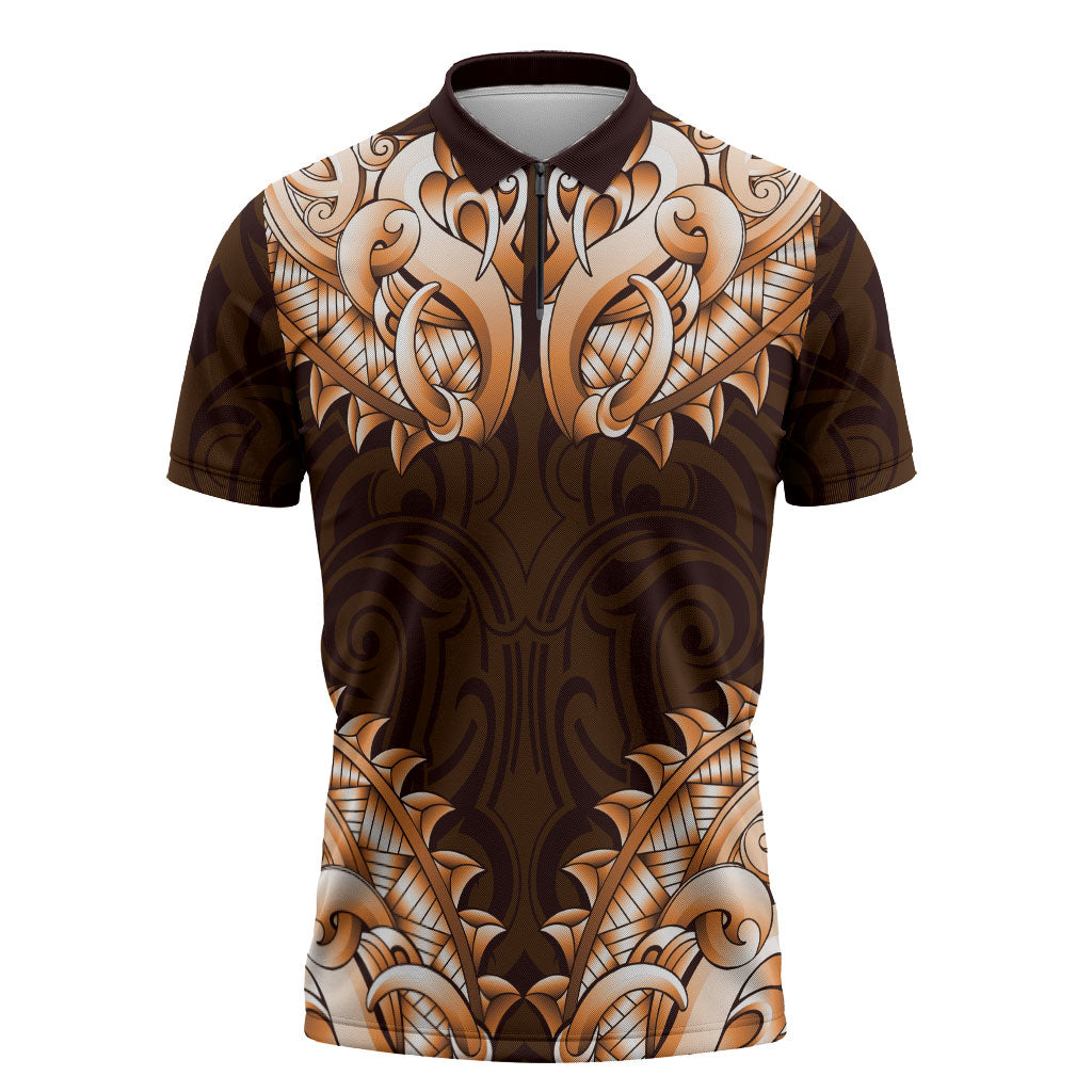 New Zealand Ta Moko Zipper Polo Shirt Aotearoa Maori Chest Tattoo Orange LT14 Orange - Polynesian Pride