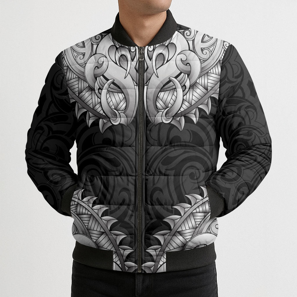 New Zealand Ta Moko Bomber Puffer Jacket Aotearoa Maori Chest Tattoo Black LT14 - Polynesian Pride