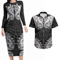 New Zealand Ta Moko Couples Matching Long Sleeve Bodycon Dress and Hawaiian Shirt Aotearoa Maori Chest Tattoo Black LT14 Black - Polynesian Pride