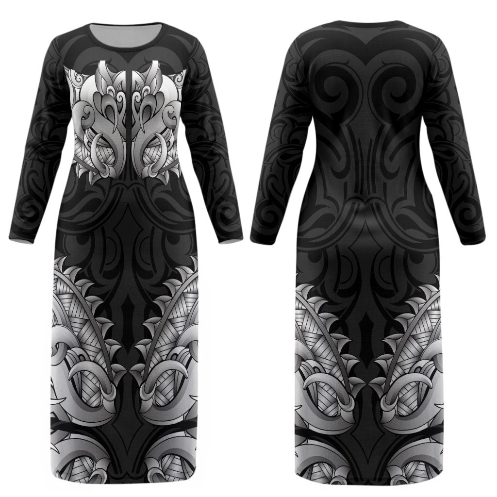 New Zealand Ta Moko Couples Matching Long Sleeve Bodycon Dress and Hawaiian Shirt Aotearoa Maori Chest Tattoo Black LT14 - Polynesian Pride