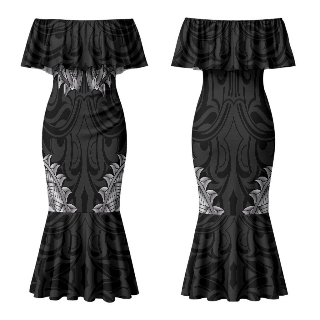 New Zealand Ta Moko Couples Matching Mermaid Dress and Hawaiian Shirt Aotearoa Maori Chest Tattoo Black LT14 - Polynesian Pride