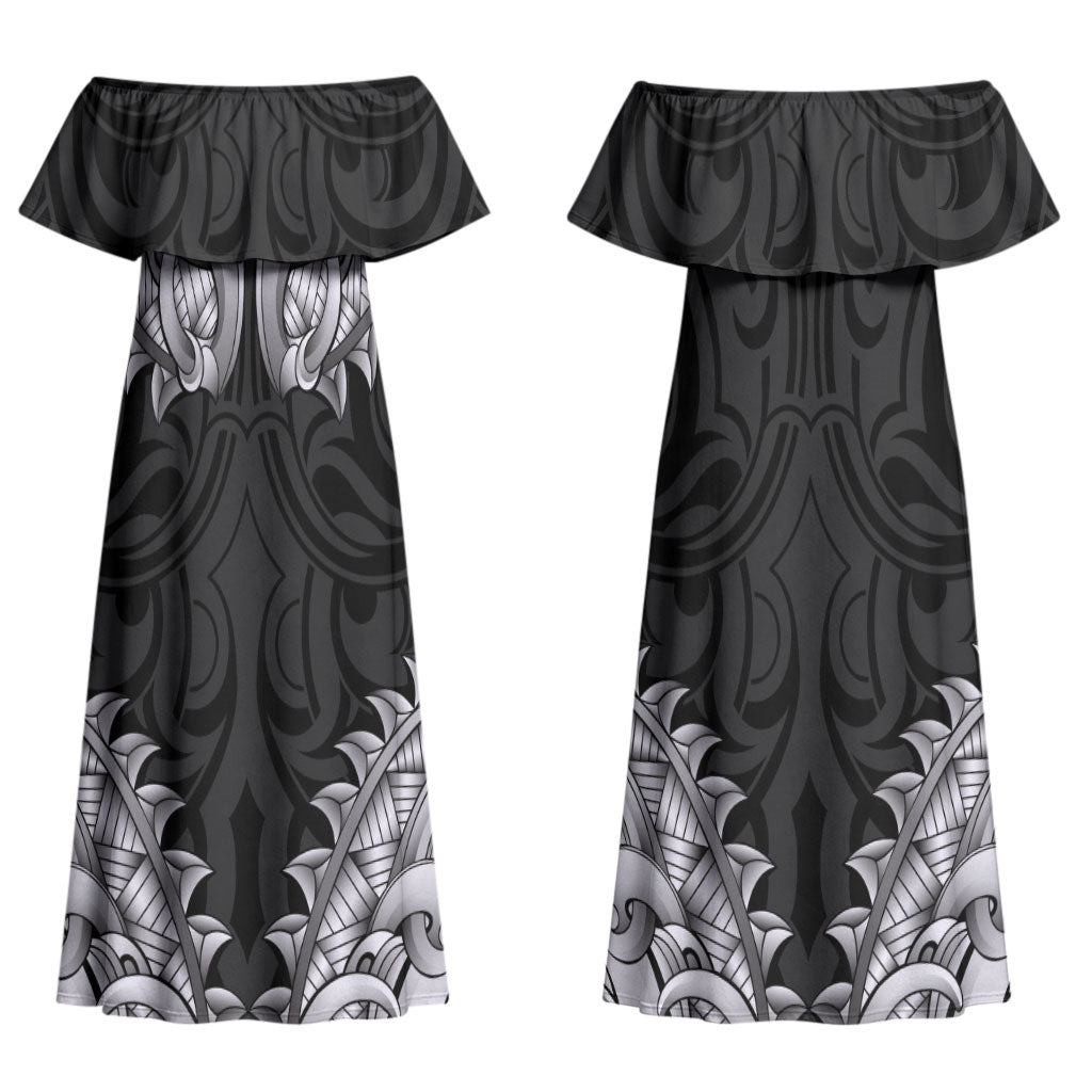 New Zealand Ta Moko Couples Matching Off Shoulder Maxi Dress and Hawaiian Shirt Aotearoa Maori Chest Tattoo Black LT14 - Polynesian Pride