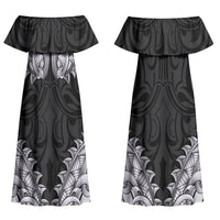 New Zealand Ta Moko Couples Matching Off Shoulder Maxi Dress and Long Sleeve Button Shirt Aotearoa Maori Chest Tattoo Black LT14 - Polynesian Pride