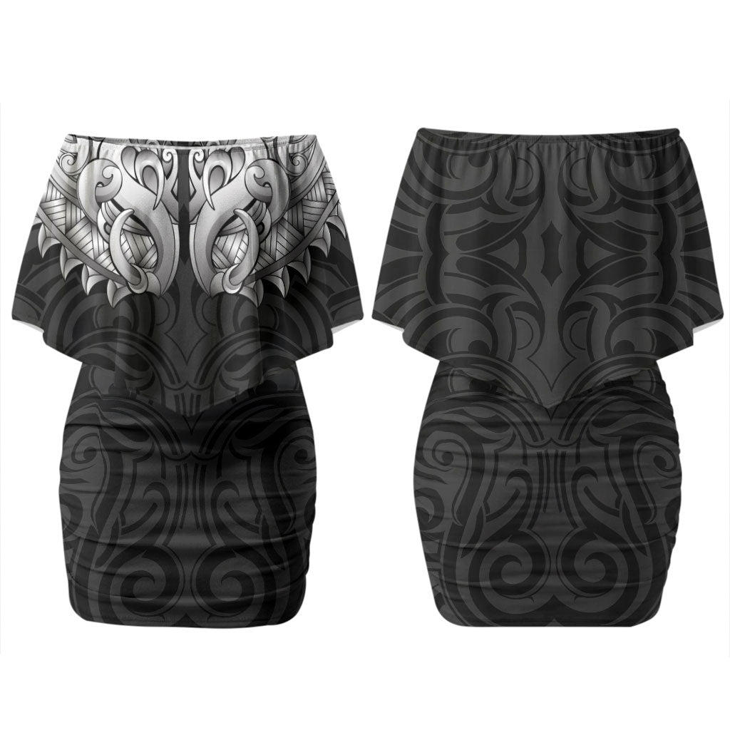 New Zealand Ta Moko Couples Matching Off Shoulder Short Dress and Hawaiian Shirt Aotearoa Maori Chest Tattoo Black LT14 - Polynesian Pride