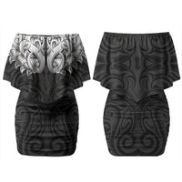 New Zealand Ta Moko Couples Matching Off Shoulder Short Dress and Hawaiian Shirt Aotearoa Maori Chest Tattoo Black LT14 - Polynesian Pride
