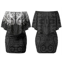 New Zealand Ta Moko Couples Matching Off Shoulder Short Dress and Long Sleeve Button Shirt Aotearoa Maori Chest Tattoo Black LT14 - Polynesian Pride