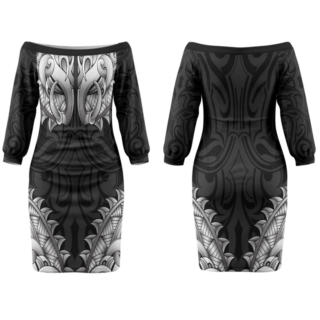 New Zealand Ta Moko Couples Matching Off The Shoulder Long Sleeve Dress and Hawaiian Shirt Aotearoa Maori Chest Tattoo Black LT14 - Polynesian Pride