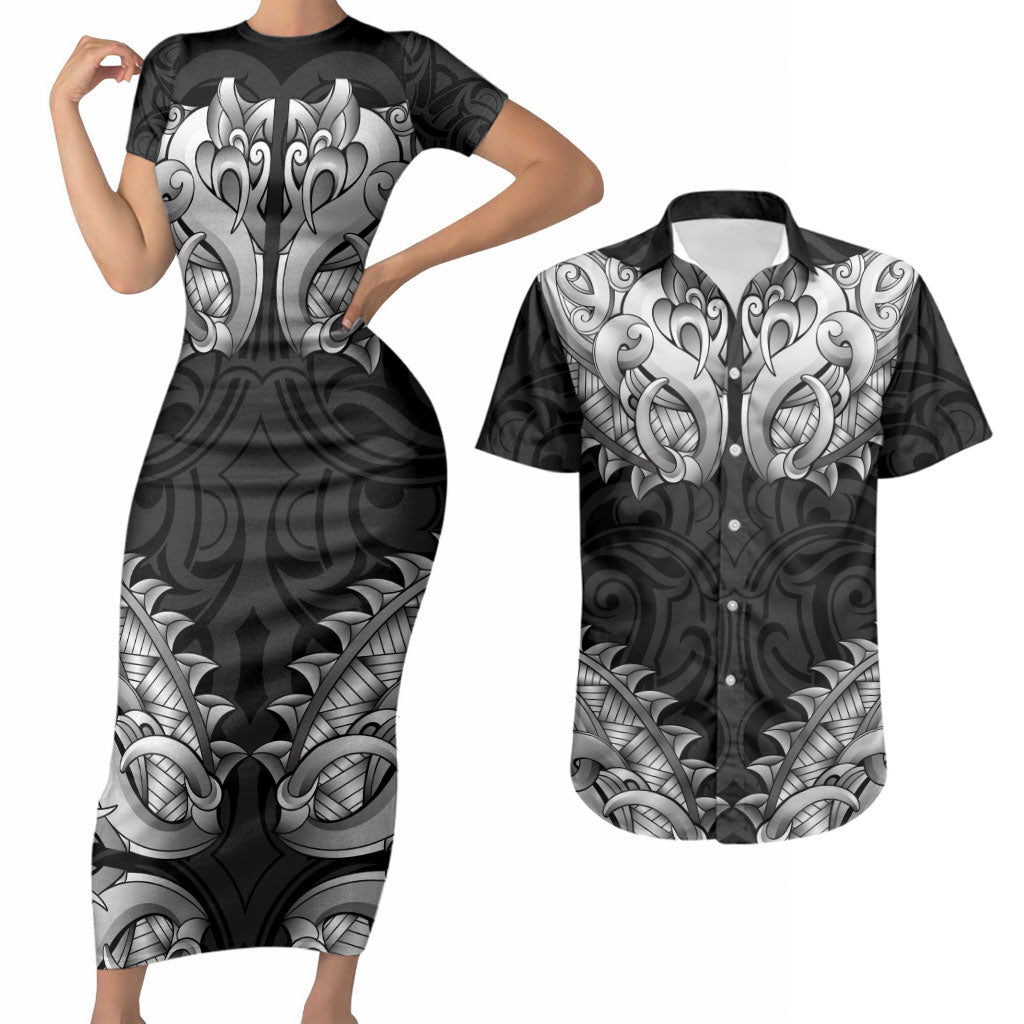 New Zealand Ta Moko Couples Matching Short Sleeve Bodycon Dress and Hawaiian Shirt Aotearoa Maori Chest Tattoo Black LT14 Black - Polynesian Pride