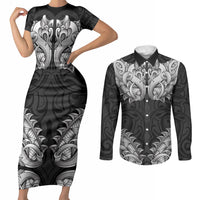 New Zealand Ta Moko Couples Matching Short Sleeve Bodycon Dress and Long Sleeve Button Shirt Aotearoa Maori Chest Tattoo Black LT14 Black - Polynesian Pride