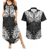 New Zealand Ta Moko Couples Matching Summer Maxi Dress and Hawaiian Shirt Aotearoa Maori Chest Tattoo Black LT14 Black - Polynesian Pride