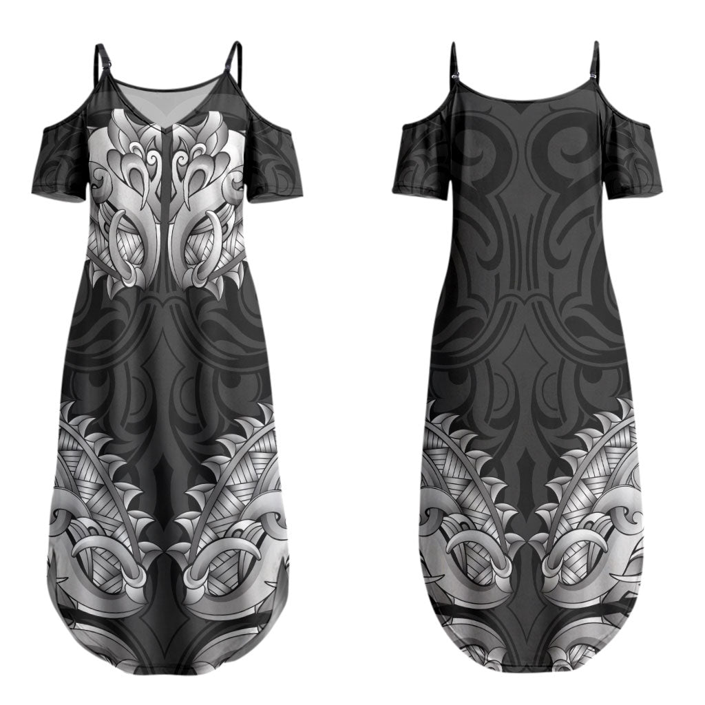 New Zealand Ta Moko Couples Matching Summer Maxi Dress and Long Sleeve Button Shirt Aotearoa Maori Chest Tattoo Black LT14 - Polynesian Pride