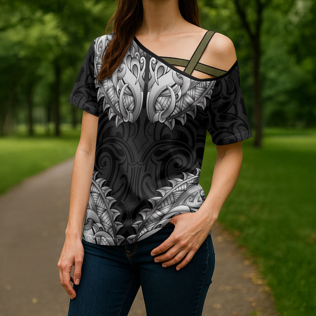 New Zealand Ta Moko Cross Shoulder Shirt Aotearoa Maori Chest Tattoo Black LT14 - Polynesian Pride