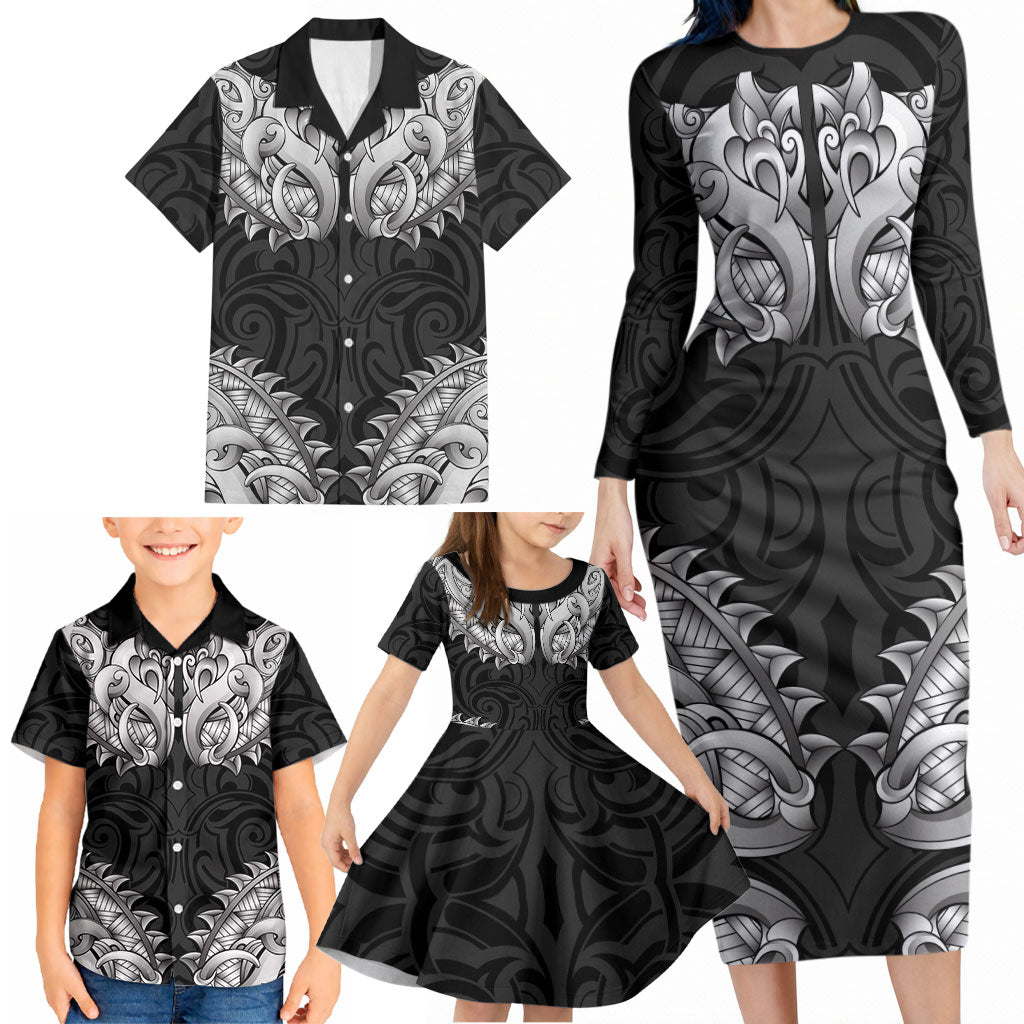 New Zealand Ta Moko Family Matching Long Sleeve Bodycon Dress and Hawaiian Shirt Aotearoa Maori Chest Tattoo Black LT14 - Polynesian Pride
