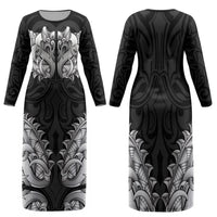 New Zealand Ta Moko Family Matching Long Sleeve Bodycon Dress and Hawaiian Shirt Aotearoa Maori Chest Tattoo Black LT14 Mom's Dress Black - Polynesian Pride