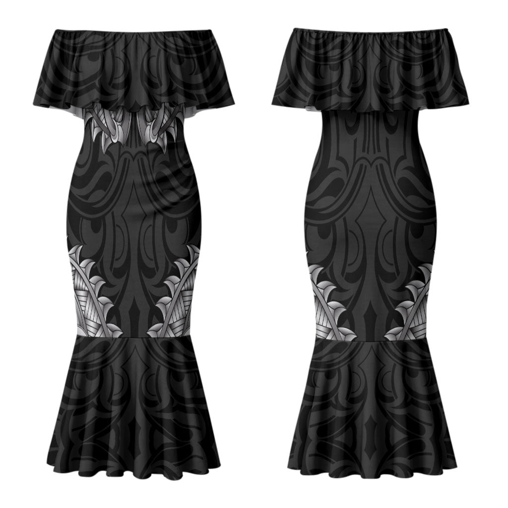 New Zealand Ta Moko Family Matching Mermaid Dress and Hawaiian Shirt Aotearoa Maori Chest Tattoo Black LT14 Mom's Dress Black - Polynesian Pride