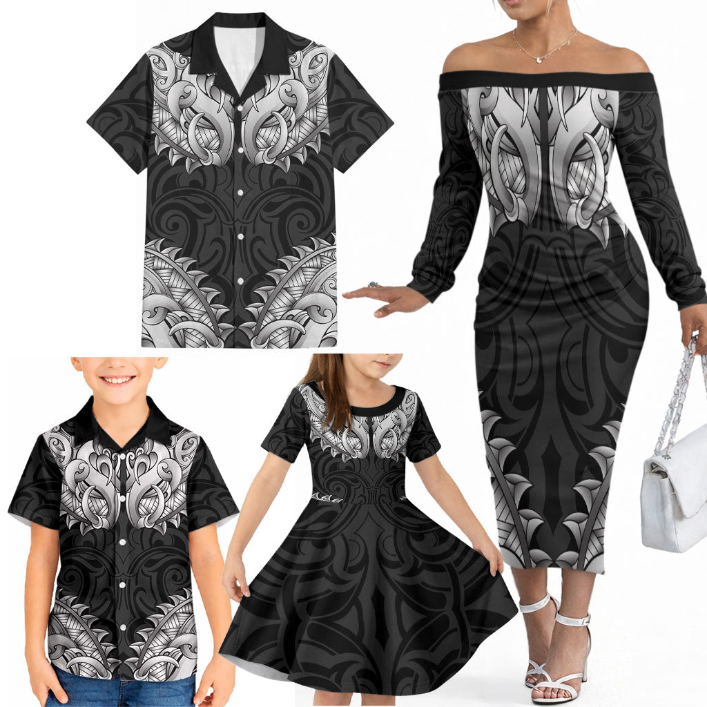 New Zealand Ta Moko Family Matching Off The Shoulder Long Sleeve Dress and Hawaiian Shirt Aotearoa Maori Chest Tattoo Black LT14 - Polynesian Pride