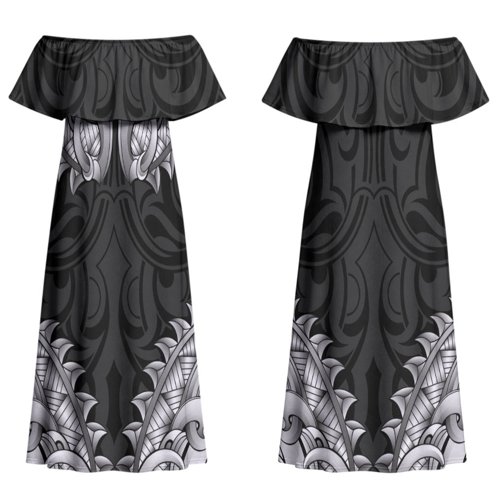 New Zealand Ta Moko Family Matching Off Shoulder Maxi Dress and Hawaiian Shirt Aotearoa Maori Chest Tattoo Black LT14 Mom's Dress Black - Polynesian Pride