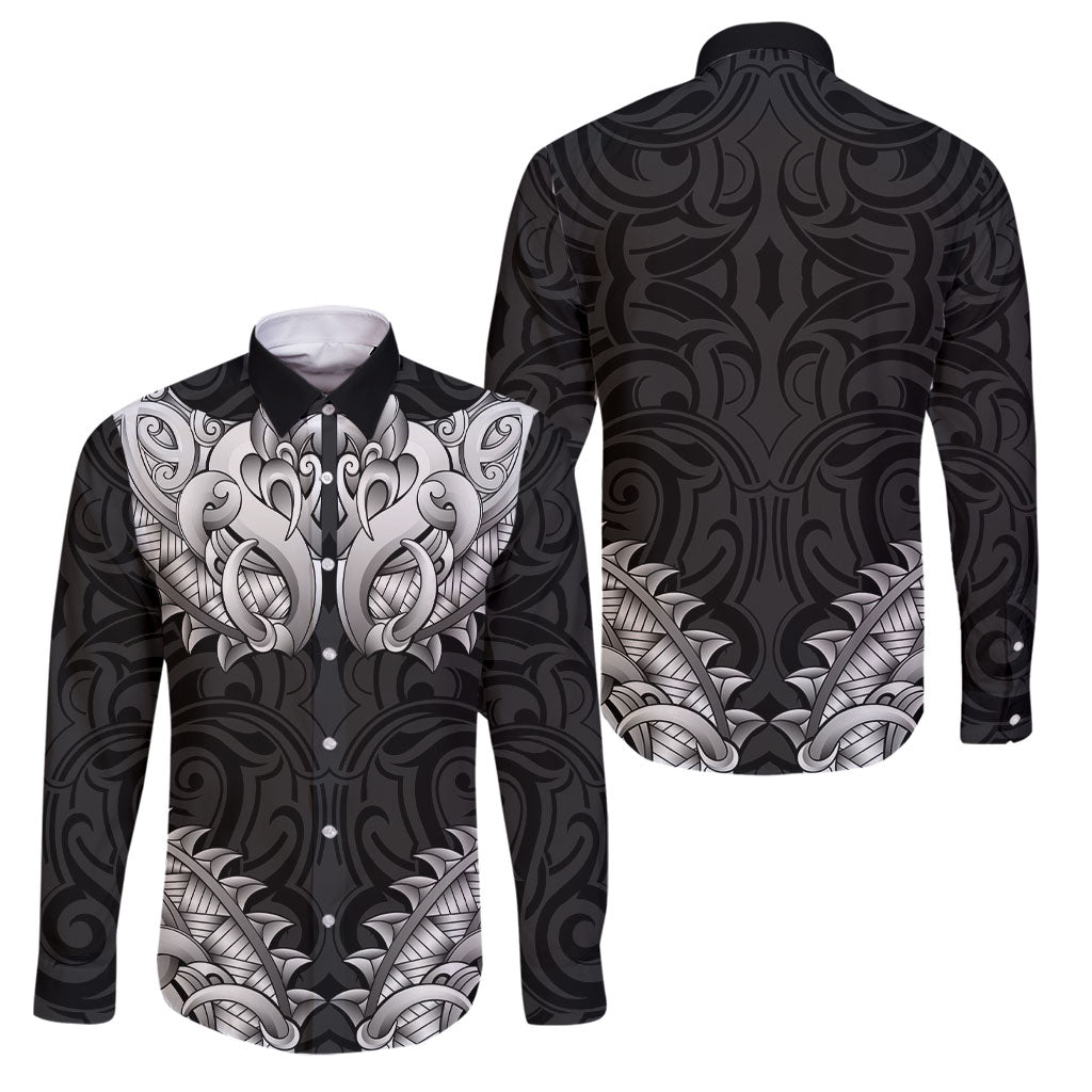 New Zealand Ta Moko Family Matching Off Shoulder Maxi Dress and Hawaiian Shirt Aotearoa Maori Chest Tattoo Black LT14 Dad's Shirt - Long Sleeve Black - Polynesian Pride