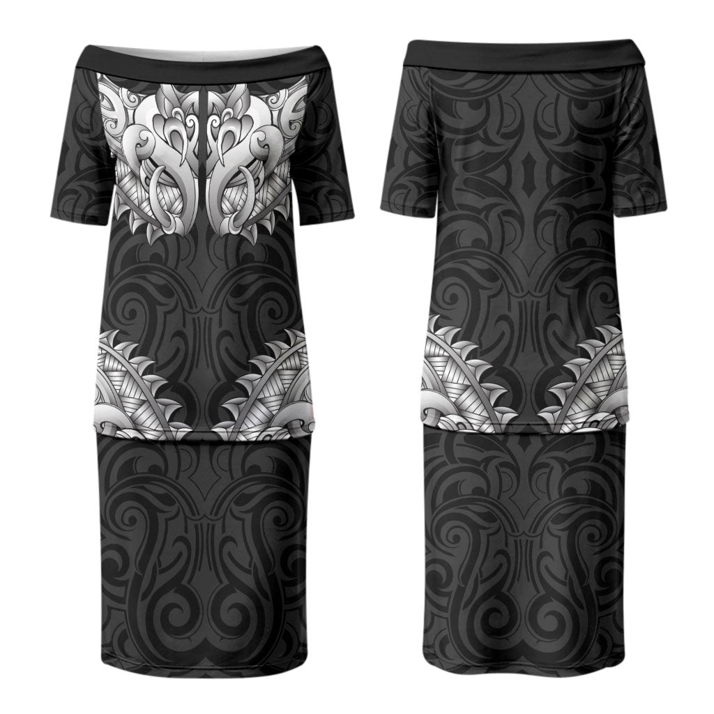 New Zealand Ta Moko Family Matching Puletasi and Hawaiian Shirt Aotearoa Maori Chest Tattoo Black LT14 Mom's Dress Black - Polynesian Pride