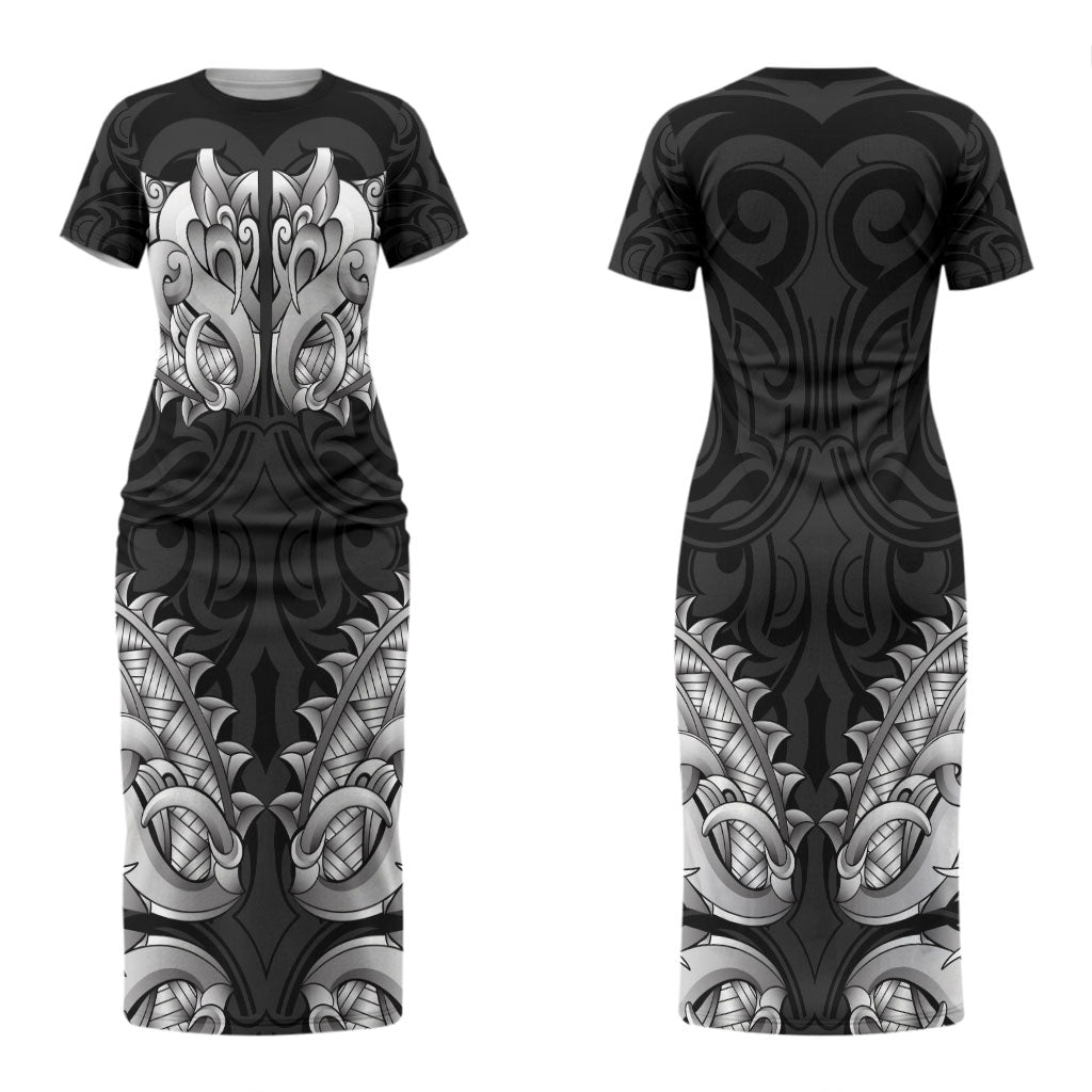 New Zealand Ta Moko Family Matching Short Sleeve Bodycon Dress and Hawaiian Shirt Aotearoa Maori Chest Tattoo Black LT14 Mom's Dress Black - Polynesian Pride