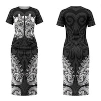 New Zealand Ta Moko Family Matching Short Sleeve Bodycon Dress and Hawaiian Shirt Aotearoa Maori Chest Tattoo Black LT14 Mom's Dress Black - Polynesian Pride