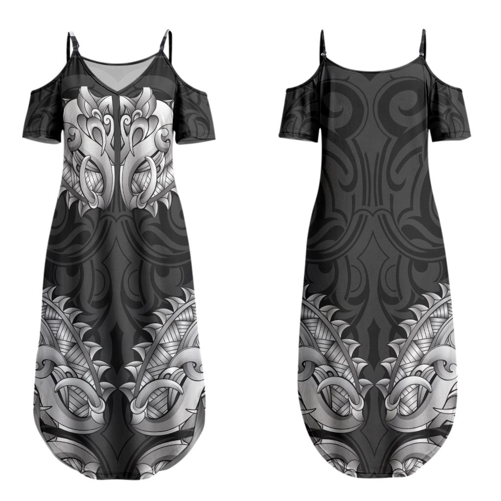 New Zealand Ta Moko Family Matching Summer Maxi Dress and Hawaiian Shirt Aotearoa Maori Chest Tattoo Black LT14 Mom's Dress Black - Polynesian Pride