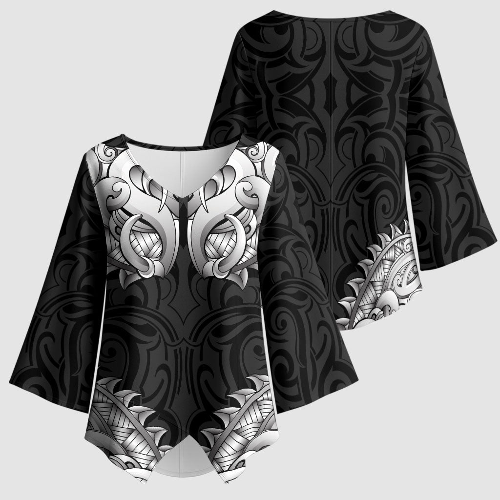 New Zealand Ta Moko Kimono Sleeve Blouse Aotearoa Maori Chest Tattoo Black LT14 - Polynesian Pride