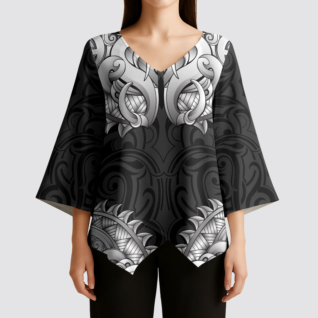 New Zealand Ta Moko Kimono Sleeve Blouse Aotearoa Maori Chest Tattoo Black LT14 - Polynesian Pride