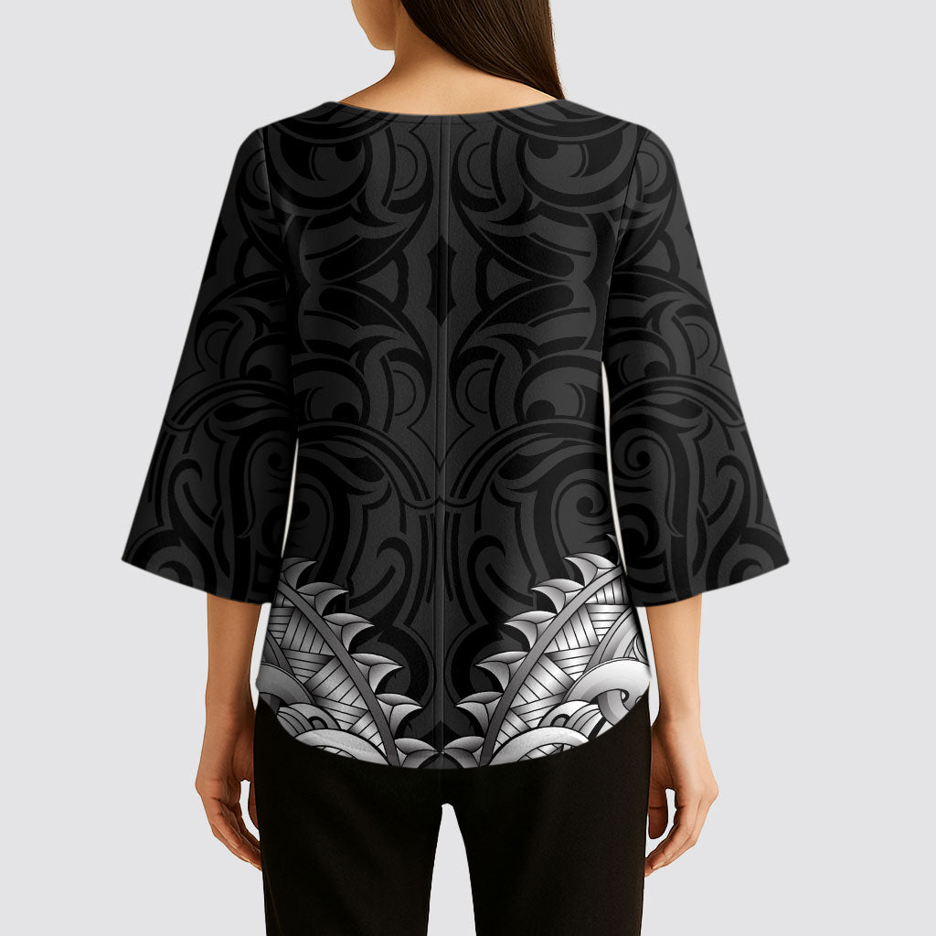 New Zealand Ta Moko Kimono Sleeve Blouse Aotearoa Maori Chest Tattoo Black LT14 - Polynesian Pride