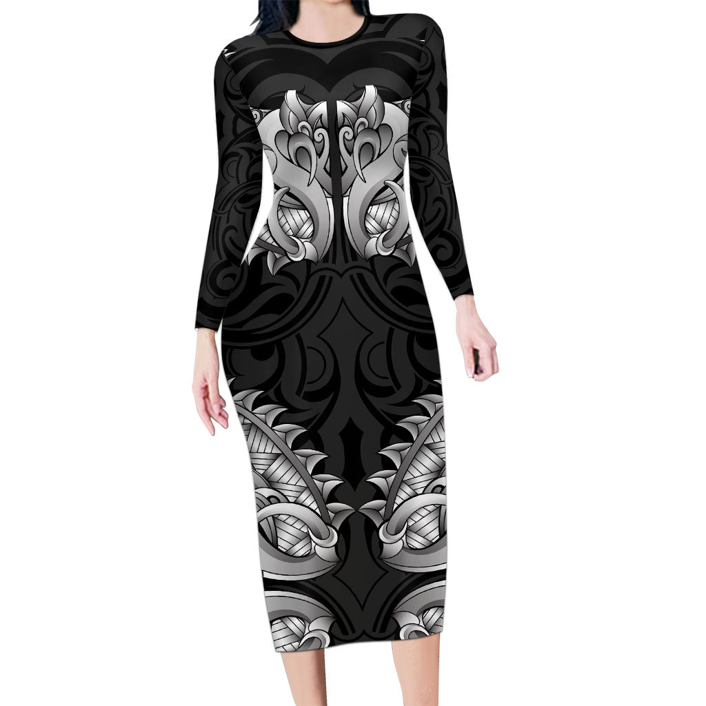 New Zealand Ta Moko Long Sleeve Bodycon Dress Aotearoa Maori Chest Tattoo Black LT14 Long Dress Black - Polynesian Pride