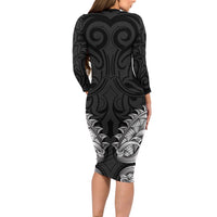 New Zealand Ta Moko Long Sleeve Bodycon Dress Aotearoa Maori Chest Tattoo Black LT14 - Polynesian Pride