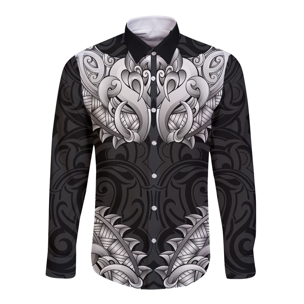 New Zealand Ta Moko Long Sleeve Button Shirt Aotearoa Maori Chest Tattoo Black LT14 Unisex Black - Polynesian Pride