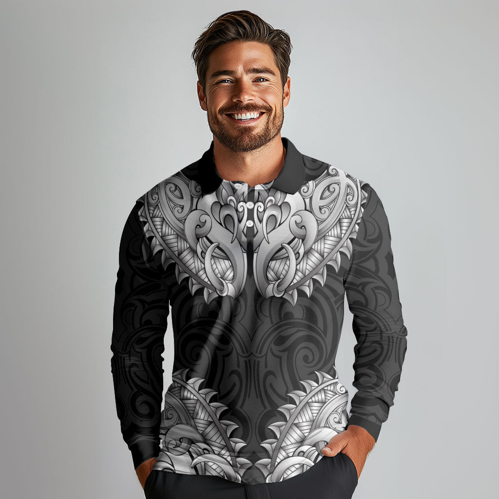 New Zealand Ta Moko Long Sleeve Polo Shirt Aotearoa Maori Chest Tattoo Black LT14 - Polynesian Pride