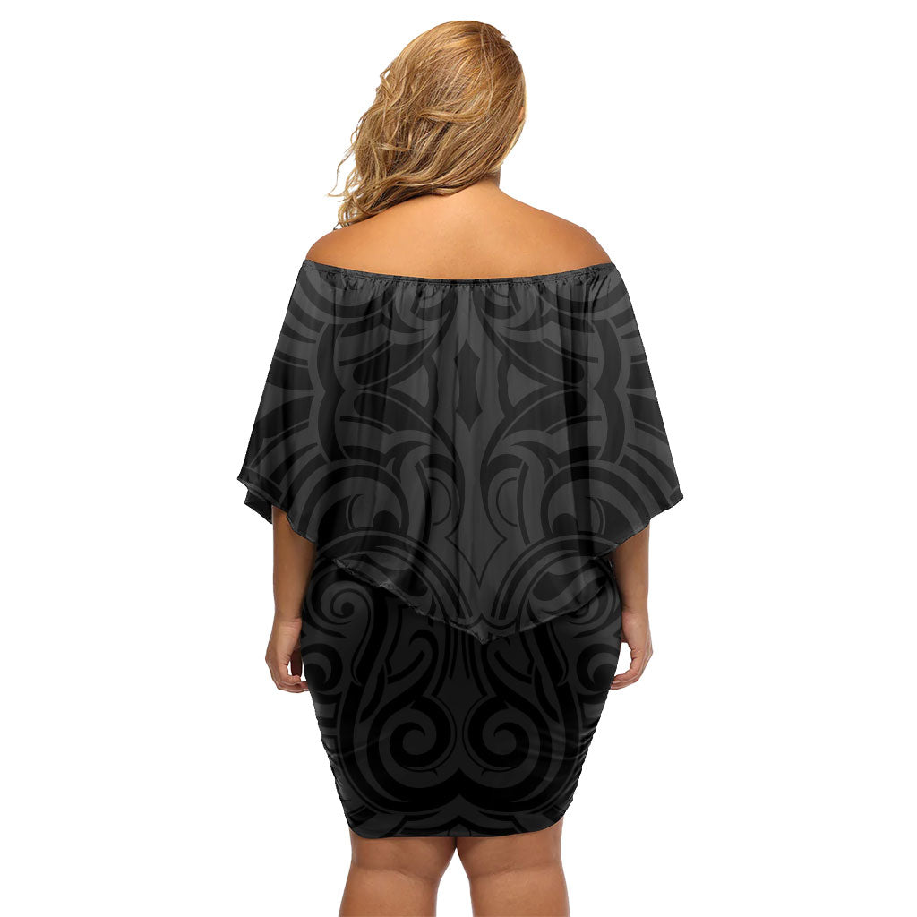 New Zealand Ta Moko Off Shoulder Short Dress Aotearoa Maori Chest Tattoo Black LT14 - Polynesian Pride