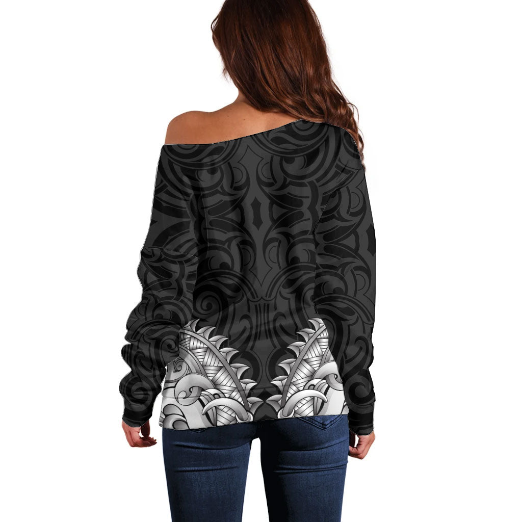 New Zealand Ta Moko Off Shoulder Sweater Aotearoa Maori Chest Tattoo Black LT14 - Polynesian Pride